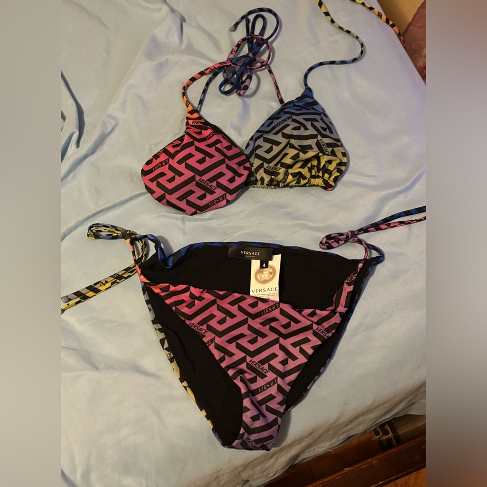 Versace La Greca monogram rainbow print bikini top and bottom